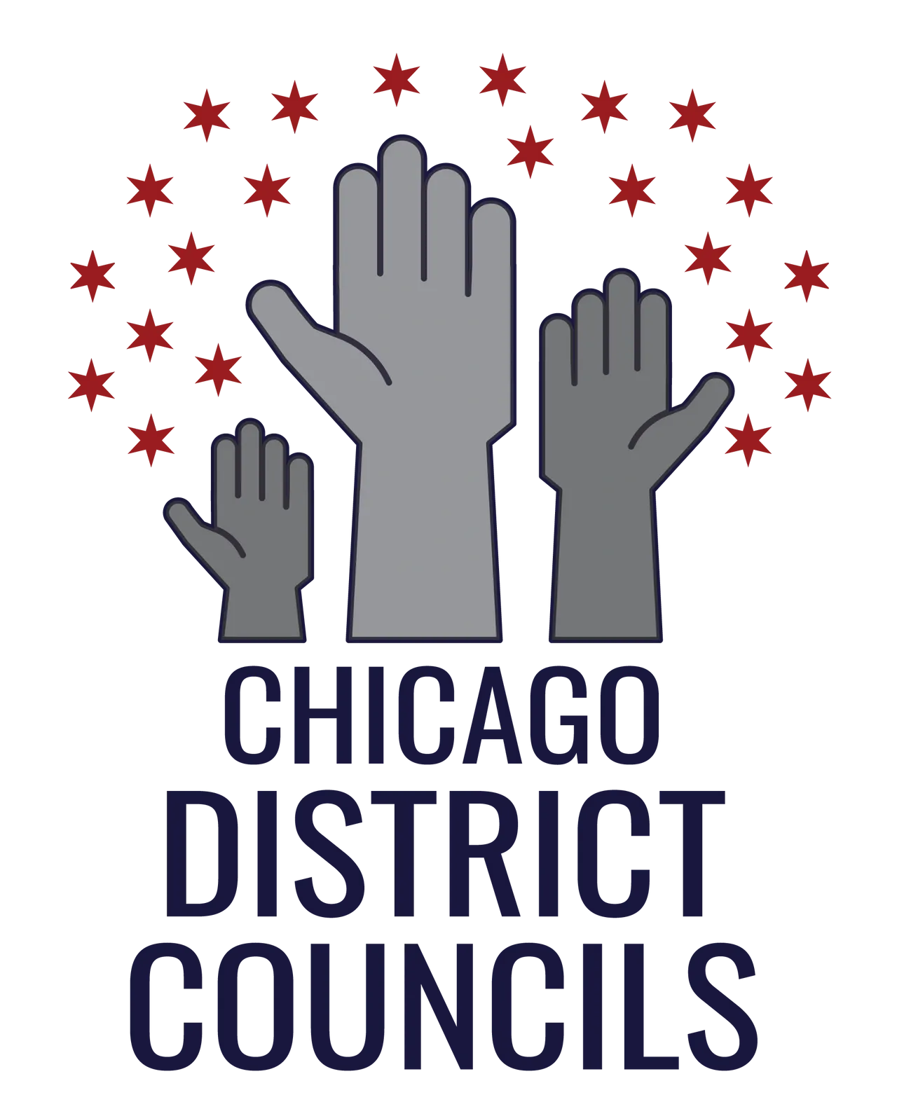 Three hands reach up to red stars with the text "CHICAGO DISTRICT COUNCILS"